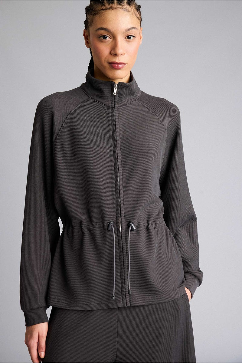 DeFacto Grey Woman Standard Fit Stand Collar Modal Zip-Up Sweatshirt Casual - Image 3